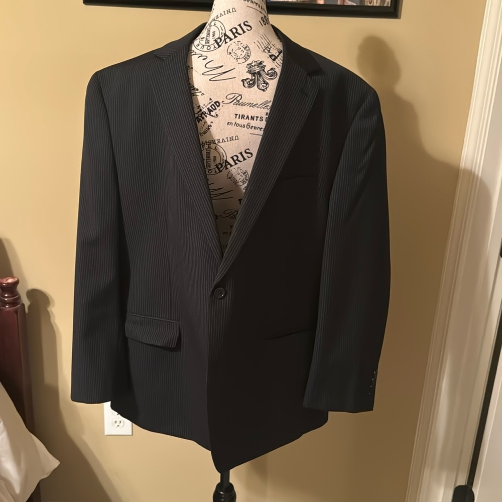 Blue pin stripe suit jacket by Bill Blass 48R